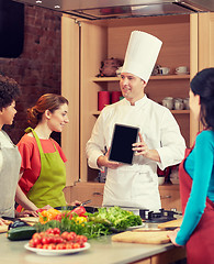 Image showing happy women with chef and tablet pc in kitchen