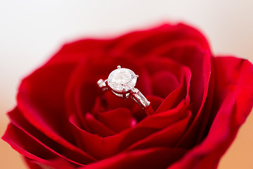 Image showing close up of diamond engagement ring in rose flower