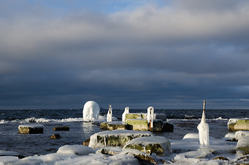 Image showing Ice covered fence posts