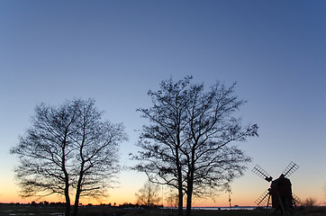 Image showing Twilight view with trees and a windmill