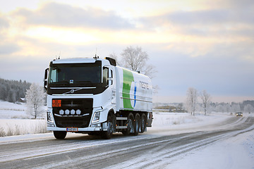 Image showing Volvo FH Tank Truck Hauls Diesel Fuel in Winter