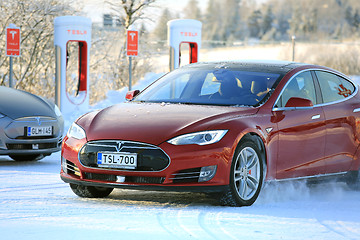 Image showing Two Tesla Model S Electric Cars in Winter