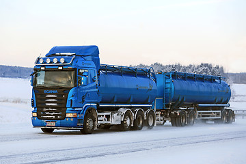 Image showing Blue Scania R500 Tank Truck on the Road in Winter Weather