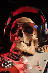 Image showing Still life with skull and electric guitar