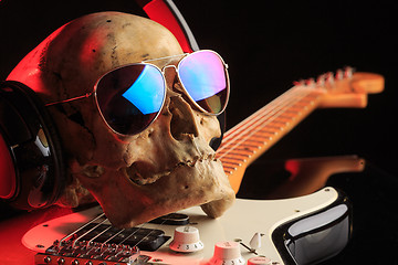 Image showing Still life with skull and electric guitar