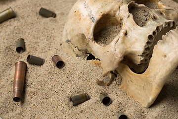 Image showing skull lying in the sand, scattered rifle and pistol cartridges. concept of war