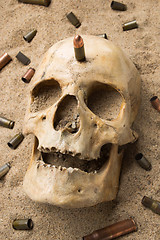 Image showing skull lying in the sand, scattered rifle and pistol cartridges. concept of war