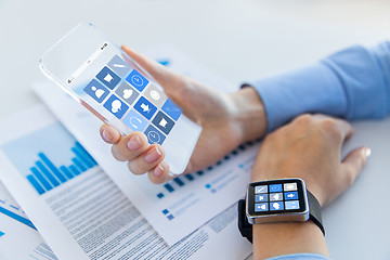 Image showing close up of hands with smart phone and watch icons