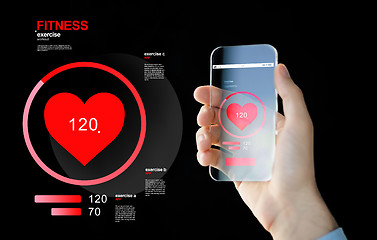 Image showing close up of hand with smartphone measuring pulse