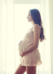 Image showing happy pregnant woman near window at home