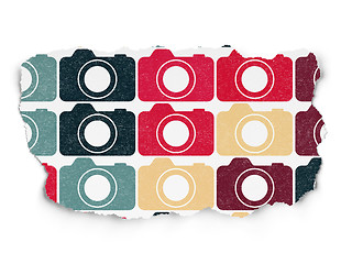 Image showing Travel concept: Photo Camera icons on Torn Paper background