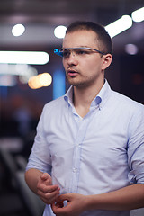 Image showing man using virtual reality gadget computer glasses