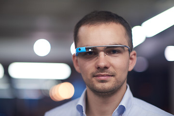 Image showing man using virtual reality gadget computer glasses