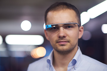 Image showing man using virtual reality gadget computer glasses