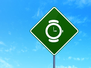 Image showing Timeline concept: Hand Watch on road sign background