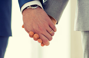 Image showing close up of male gay hands with wedding rings on