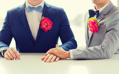 Image showing close up of happy male gay couple holding hands