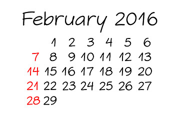 Image showing February Year 2016 Calendar Handwritten