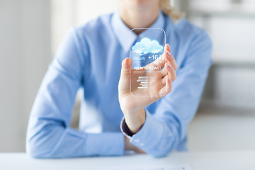 Image showing close up of woman with weather app on smartphone