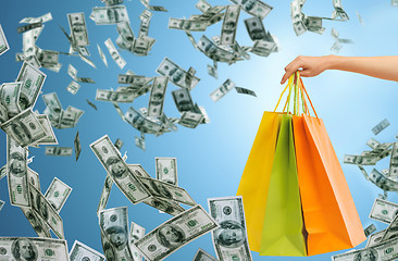 Image showing close up of female hand holding shopping bags