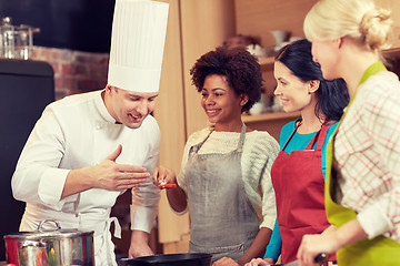 Image showing happy women and chef cook cooking in kitchen