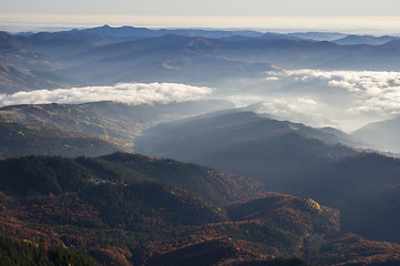 Image showing Mountain valley and forest fog