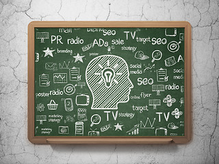 Image showing Advertising concept: Head With Light Bulb on School Board background