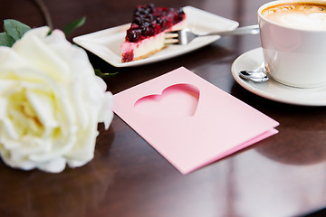 Image showing close up of greeting card with heart and coffee