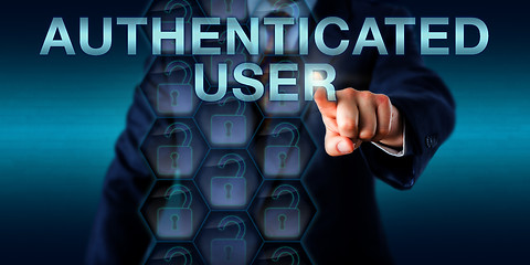 Image showing Businessman Pushing AUTHENTICATED USER Onscreen