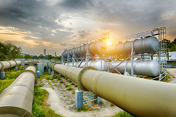 Image showing Oil and gas industry refinery factory at sunset