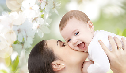 Image showing happy mother kissing her baby over cherry blossom