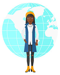 Image showing Business woman standing on globe background.