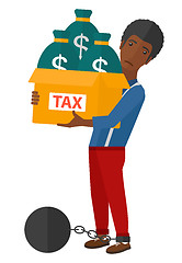 Image showing Chained man with bags full of taxes. 