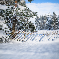 Image showing Snow-covered fence in the countryside. Viitna, Estonia