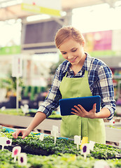 Image showing happy woman with tablet pc in greenhouse