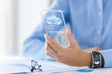 Image showing close up of woman with weather app on smartphone