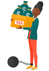 Image showing Chained woman with bags full of taxes. 