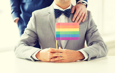 Image showing close up of male gay couple holding rainbow flag