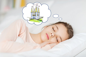 Image showing girl sleeping in bed and dreaming of castle