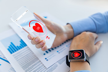 Image showing hands with heart icon on smartphone and smartwatch