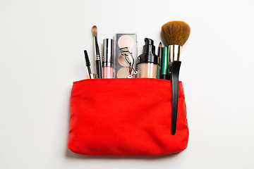 Image showing close up of cosmetic bag with makeup stuff