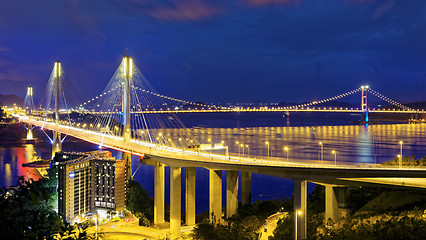 Image showing Taffic Night scene of Ting Kau suspension bridge