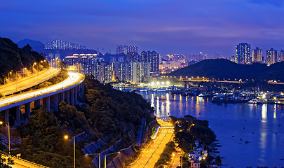 Image showing Taffic Night scene of Ting Kau suspension bridge