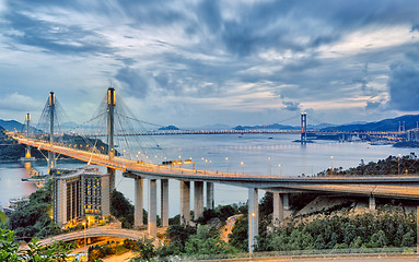 Image showing Taffic Night scene of Ting Kau suspension bridge