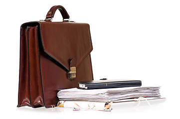 Image showing Brown leather briefcase with folders