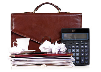 Image showing Brown leather briefcase with office accessories