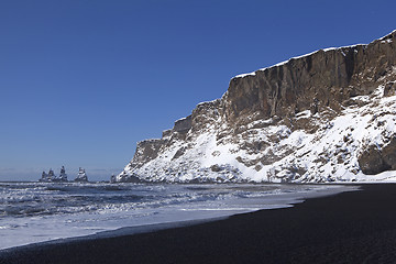 Image showing Wide lens capture of the three pinnacles of Vik, Iceland in wint