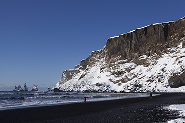 Image showing Wide lens capture of the three pinnacles of Vik, Iceland in wint