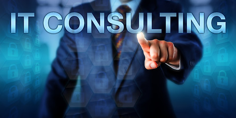 Image showing Business Manager Pressing IT CONSULTING Onscreen