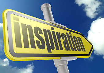 Image showing Yellow road sign with inspiration word under blue sky